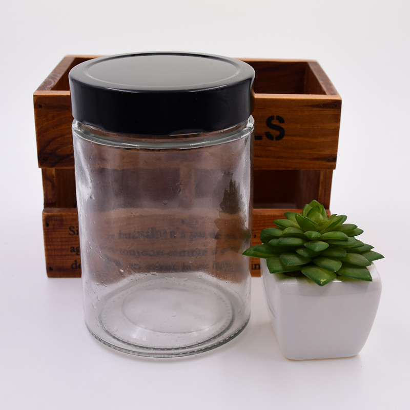 380ml clear round Store jam grain chili sauce dried fruit with high black lid customize the color of the storage glass JAR
