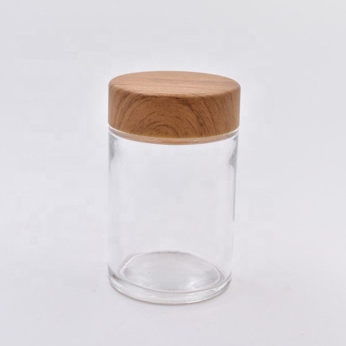 380ml clear round glass food storage jars bottles snacks containers spice canister with sealed screw top plastic Wood grain lid