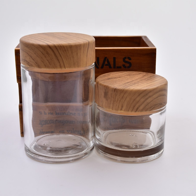 380ml clear round glass food storage jars bottles snacks containers spice canister with sealed screw top plastic Wood grain lid