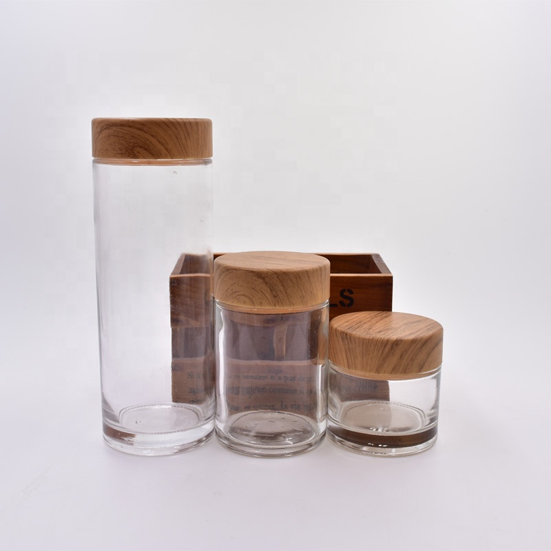 380ml clear round glass food storage jars bottles snacks containers spice canister with sealed screw top plastic Wood grain lid