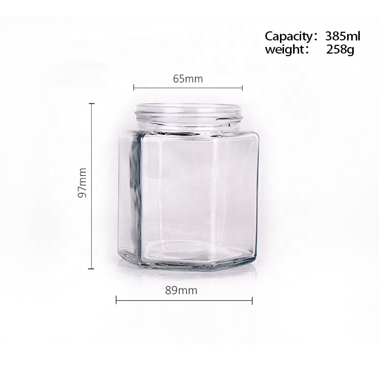 380ml eco friendly hexagon glass honey jar with wooden cap