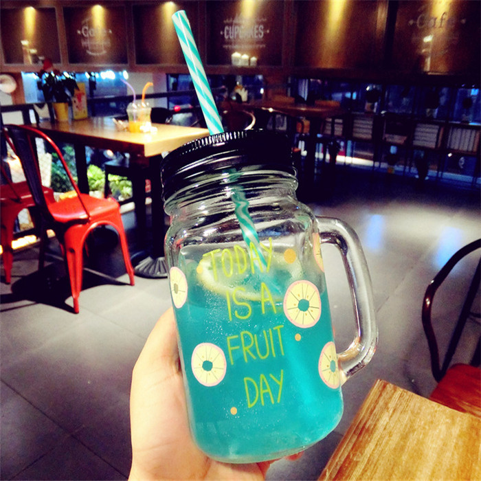 380ml handle mason jar for coffee glass jar hot drinking jar with straw