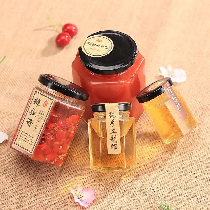 380ml hexagonal glass bottle glass jar for packing food jam honey sauce storage