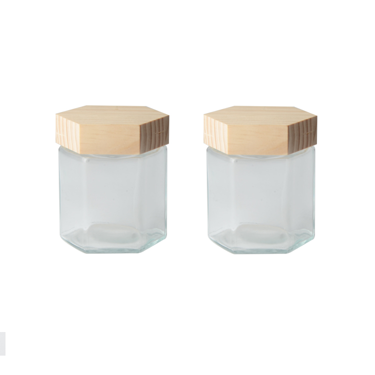 380ml hexagonal glass honey storage bottle with wooden lids