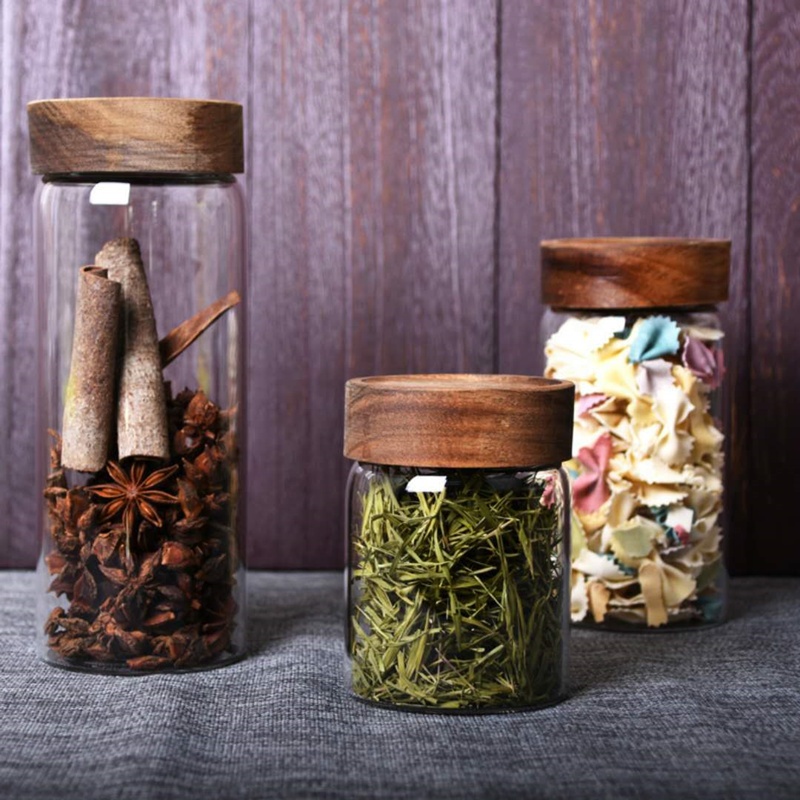 380ml high borosilicate glass jam jar, honey storage jar with black wood lid
