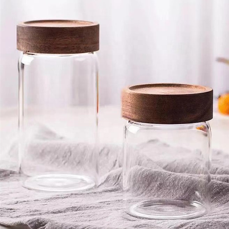 380ml high borosilicate glass jam jar, honey storage jar with black wood lid