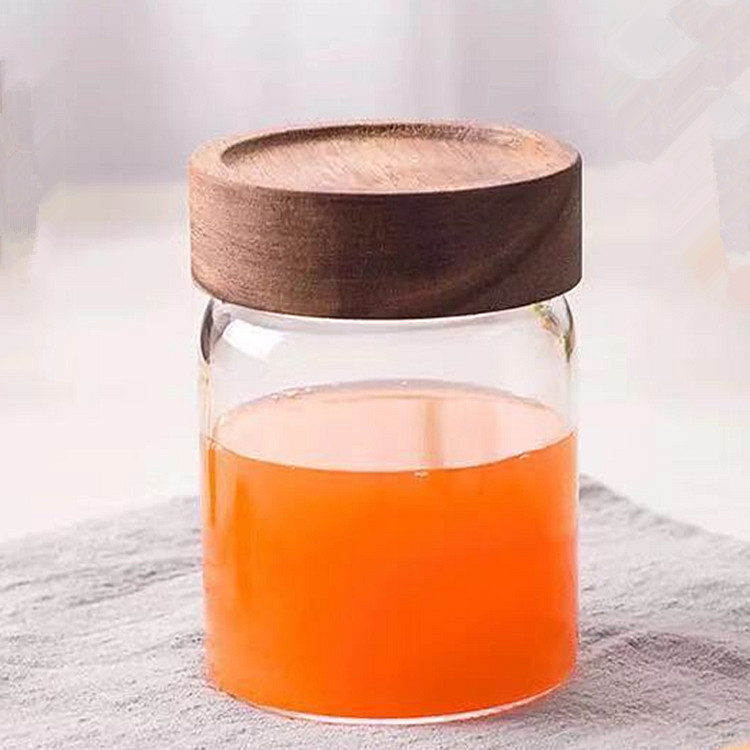 380ml high borosilicate glass jam jar, honey storage jar with black wood lid