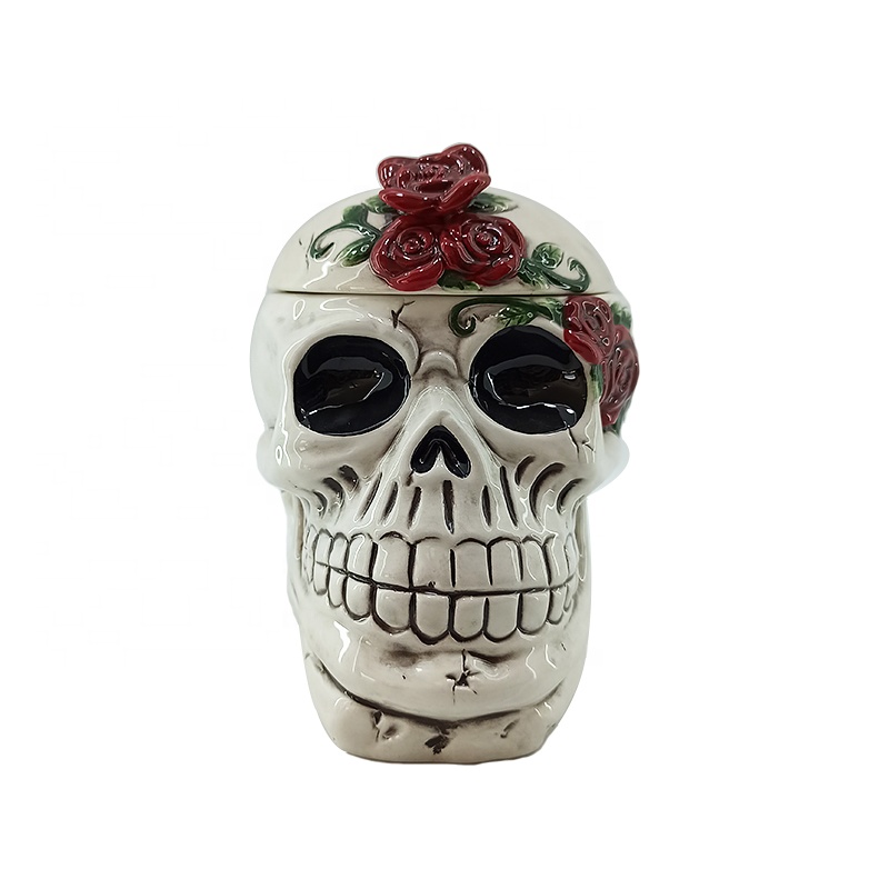 3D Vivid Hand-Painting ceramic Skull jars,Halloween ceramic Skull shaped cookie jar and Candy Jar