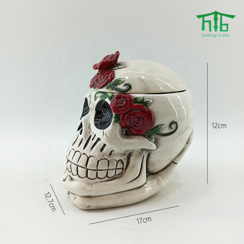3D Vivid Hand-Painting ceramic Skull jars,Halloween ceramic Skull shaped cookie jar and Candy Jar