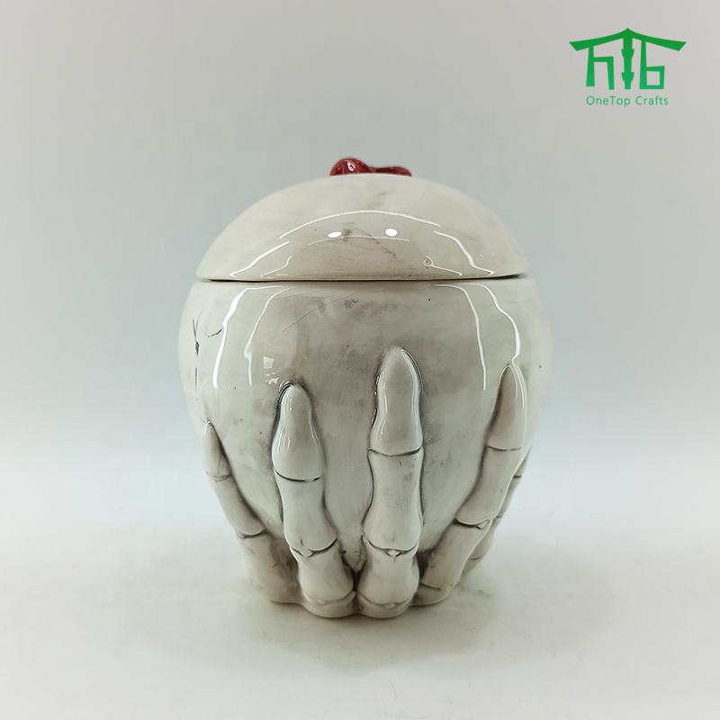 3D Vivid Hand-Painting ceramic Skull jars,Halloween ceramic Skull shaped cookie jar and Candy Jar