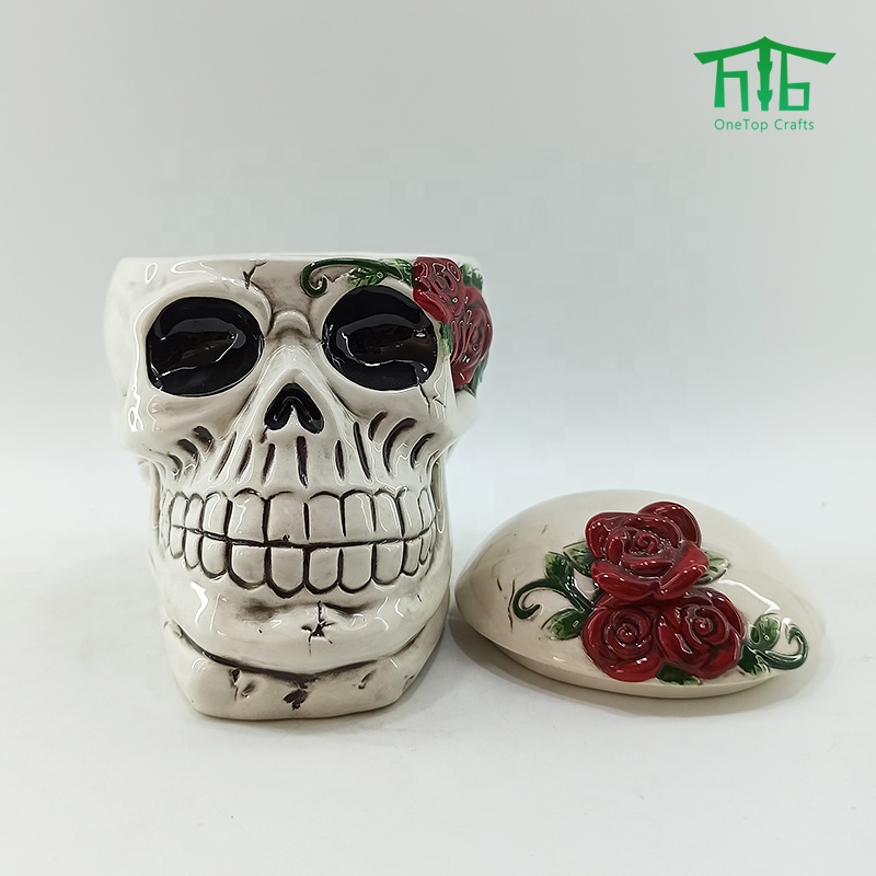 3D Vivid Hand-Painting ceramic Skull jars,Halloween ceramic Skull shaped cookie jar and Candy Jar