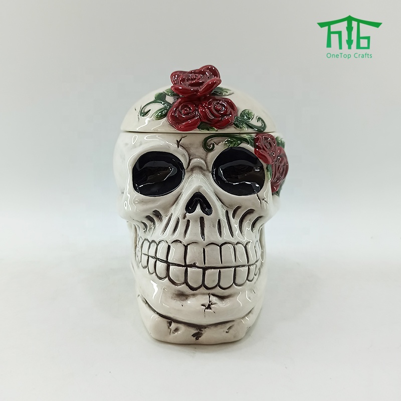 3D Vivid Hand-Painting ceramic Skull jars,Halloween ceramic Skull shaped cookie jar and Candy Jar