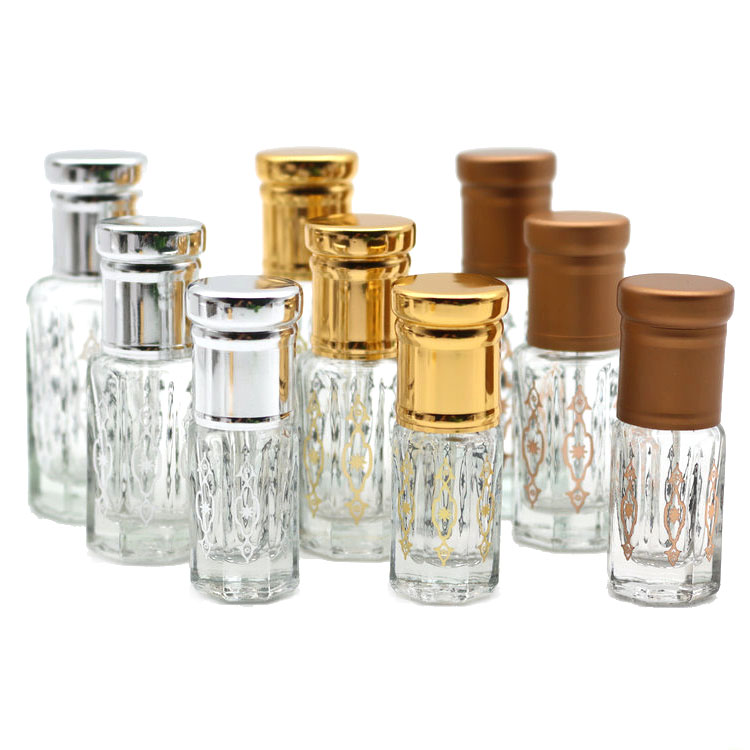 3ML 6ML 12ML Wholesale logo printing Arabic Fancy Attar Oil Tola Glass Bottle For Oud Oil with Glass stick/roll on