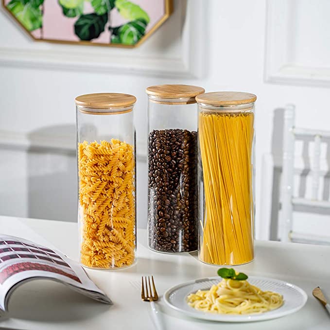 3Pcs Set Clear Non-toxic Leakproof Glass Jars With Wood Lid Airtight Food Storage Containers