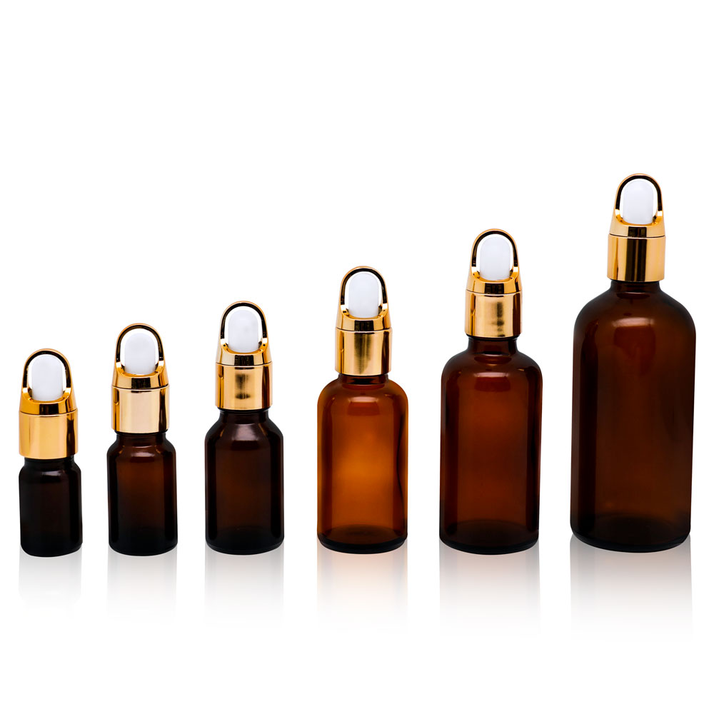 3ml 5ml 10ml essential oil dropper bottles 15ml 30ml 50ml 100ml calabash frosted empty amber glass dropper bottle with gold top