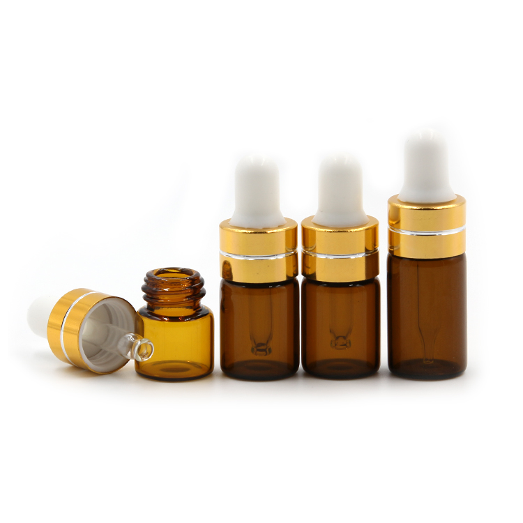 3ml 5ml mini skin care amber essential oil glass vial with golden aluminum dropper with cutting line for cosmetic wholesale