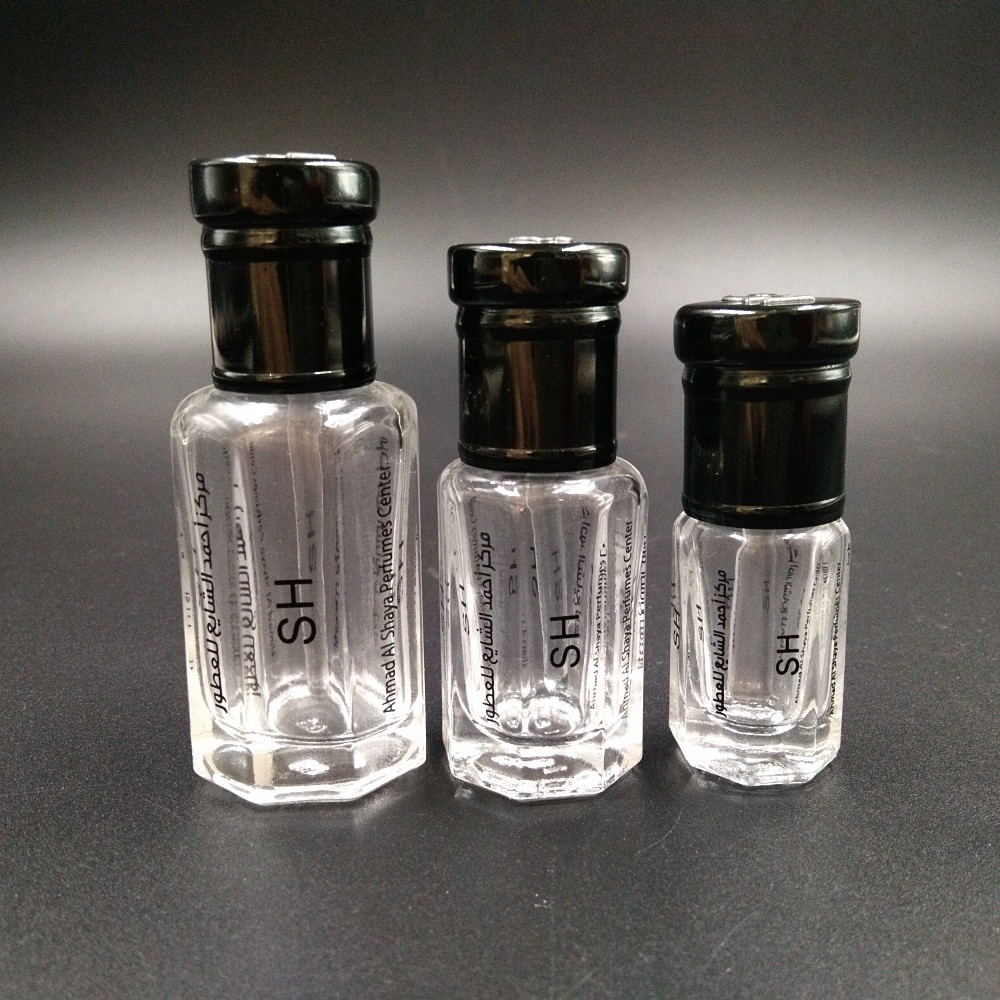 3ml 6ml 12ml  fancy octagon arabic perfume and oil glass tola bottle with roll-on black aluminum cap