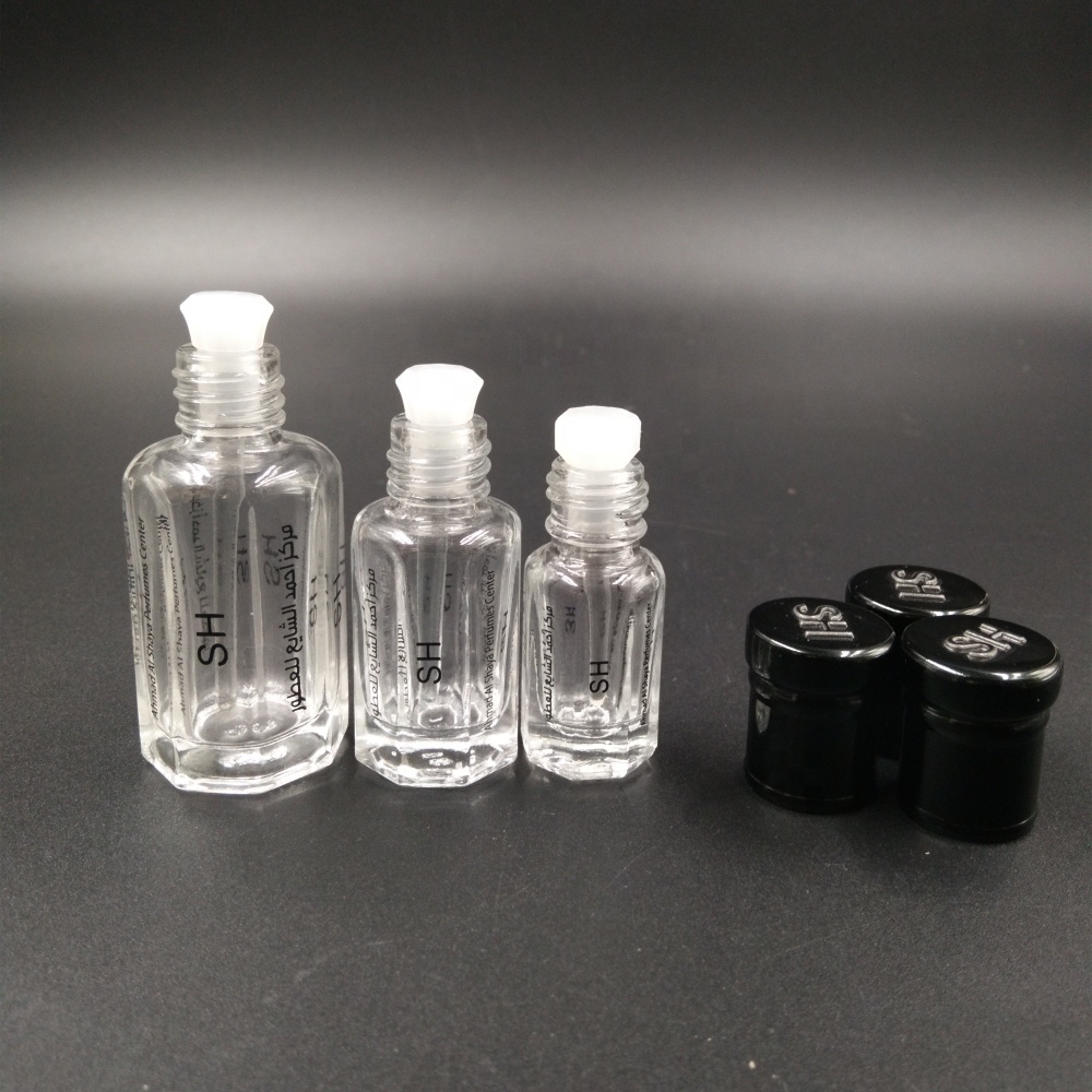 3ml 6ml 12ml fancy octagon arabic perfume and oil glass tola bottle with roll-on black aluminum cap