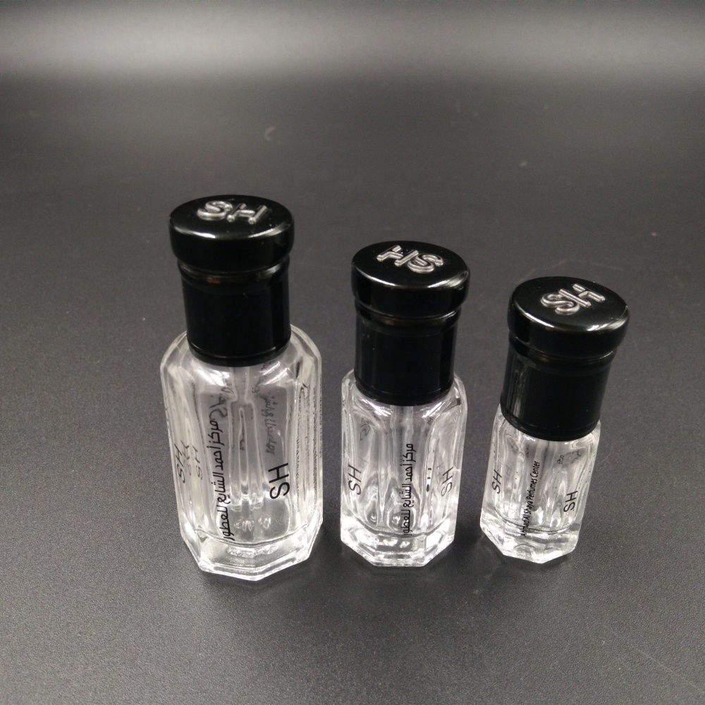 3ml 6ml 12ml fancy octagon arabic perfume and oil glass tola bottle with roll-on black aluminum cap