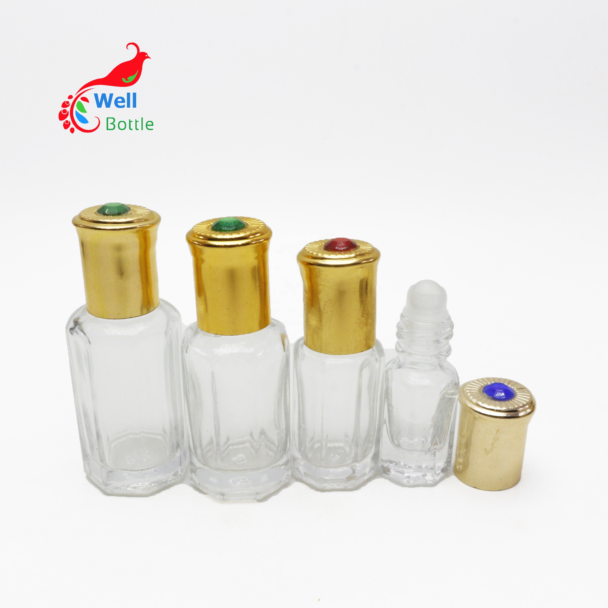 3ml 6ml 8ml 12ml octagonal perfume attar oil clear glass roll on bottle with gold aluminum tip Roller 26E