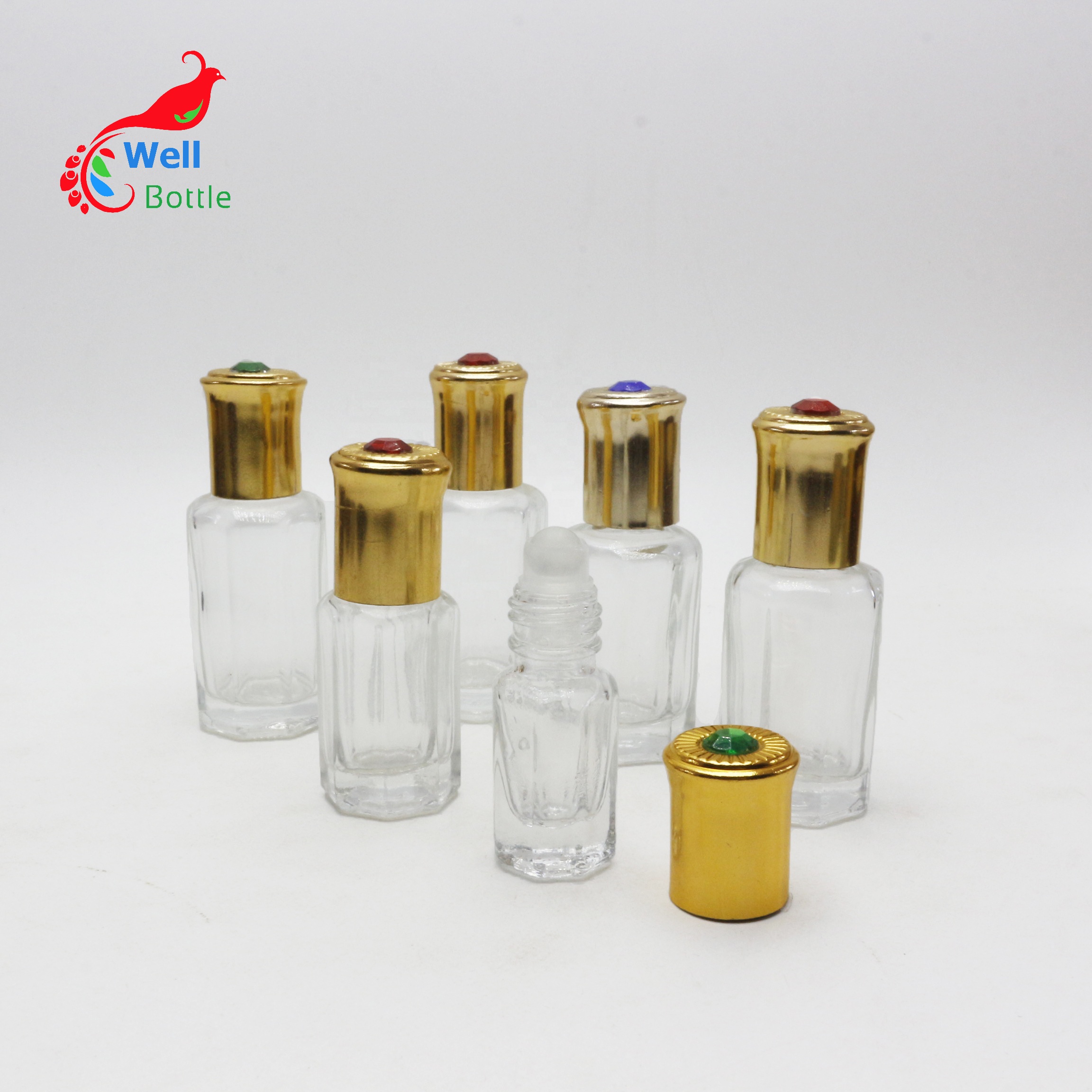 3ml 6ml 8ml 12ml octagonal perfume attar oil clear glass roll on bottle with gold aluminum tip Roller 26E