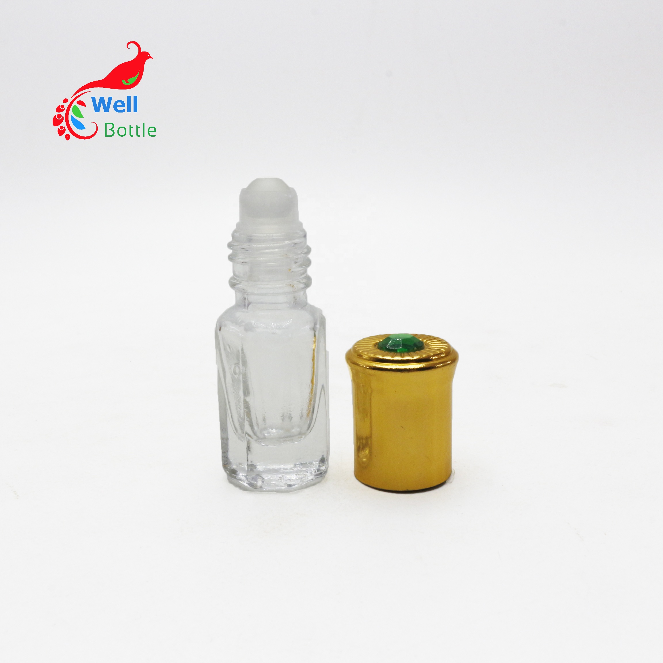 3ml 6ml 8ml 12ml octagonal perfume attar oil clear glass roll on bottle with gold aluminum tip Roller 26E
