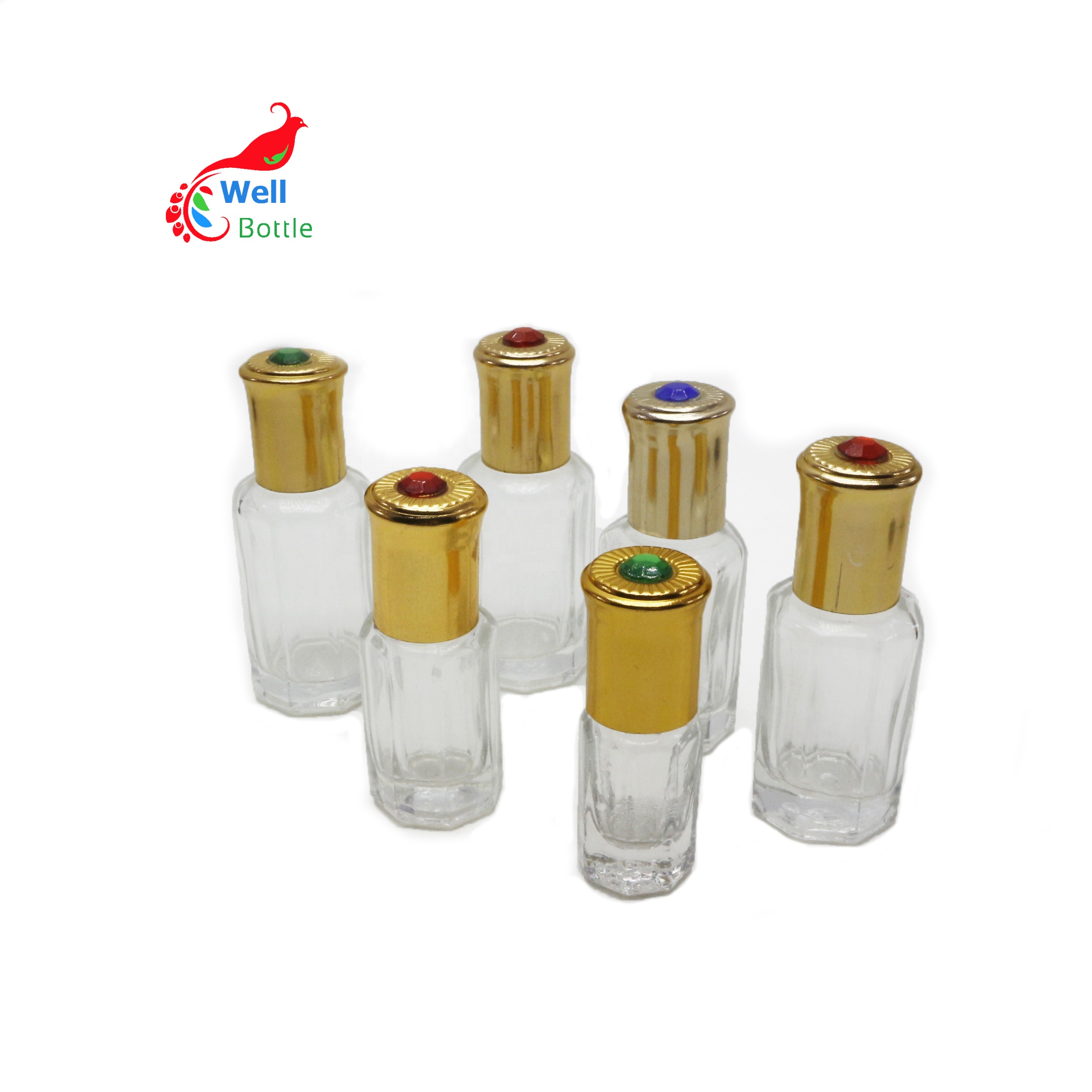 3ml 6ml 8ml 12ml octagonal perfume attar oil clear glass roll on bottle with gold aluminum tip Roller 26E