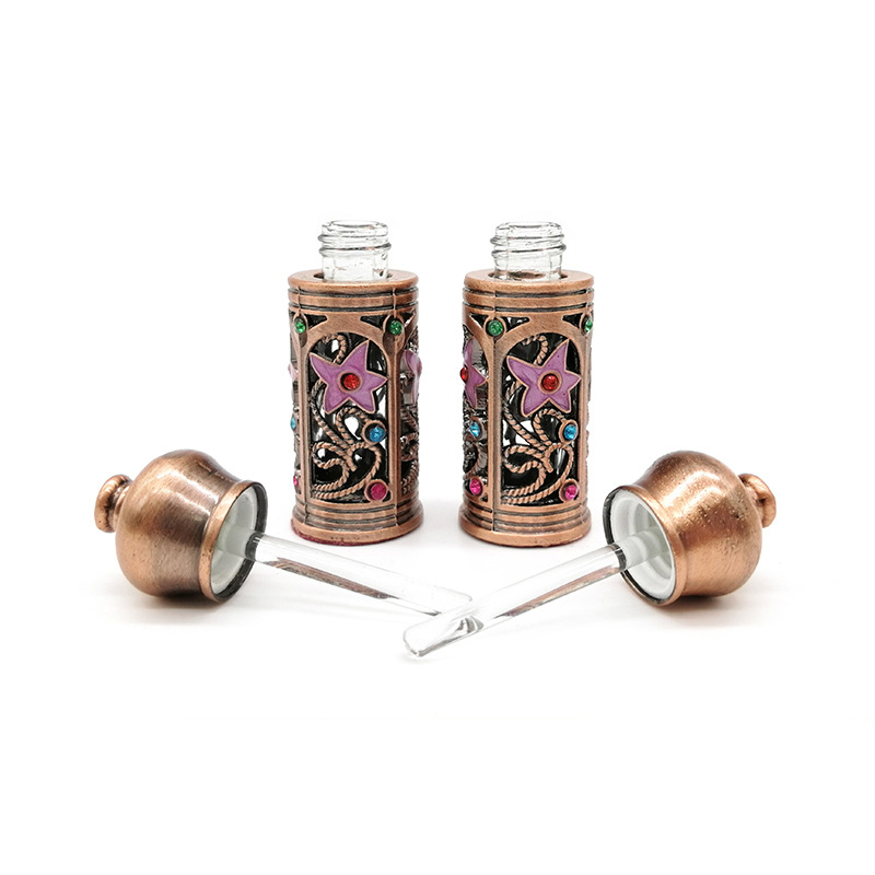 3ml Hollow metal essential oil glass bottle perfume refill bottle dubai electroplated hollow carved glass empty perfume bottle