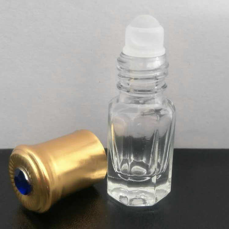 3ml empty essential oil perfume bottle roll on with metal cap, octagon attar glass bottles