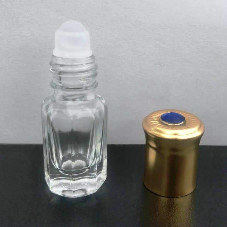 3ml empty essential oil perfume bottle roll on with metal cap, octagon attar glass bottles