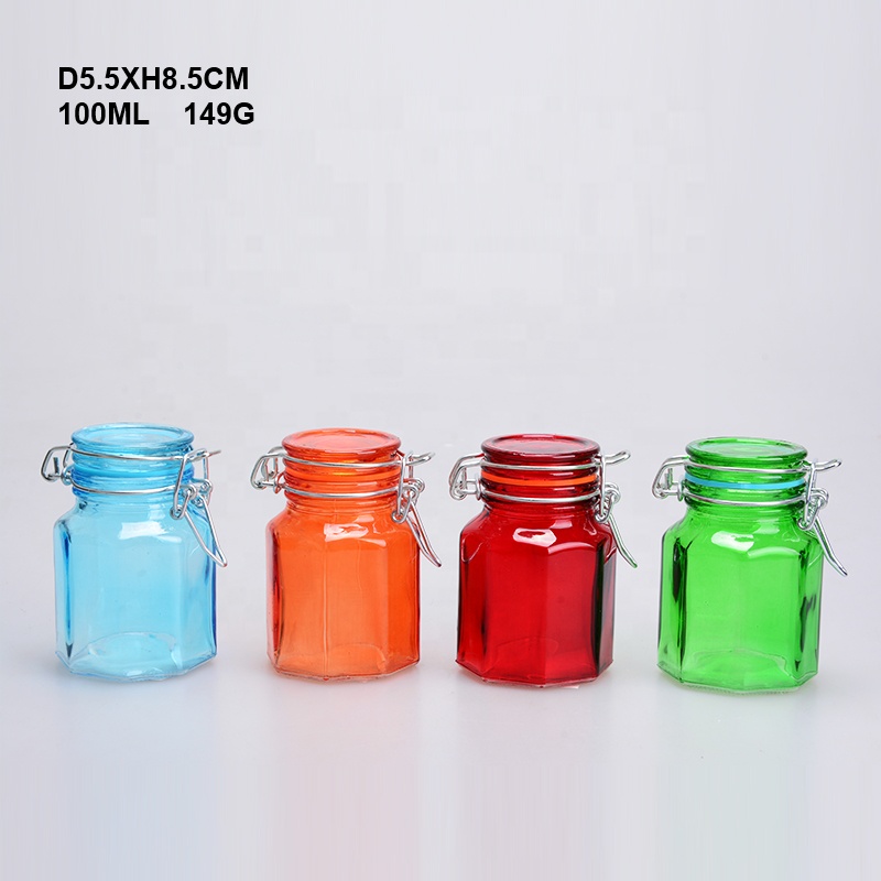 3oz Small Octagonal Colored Glass Spice Jar with Clamp