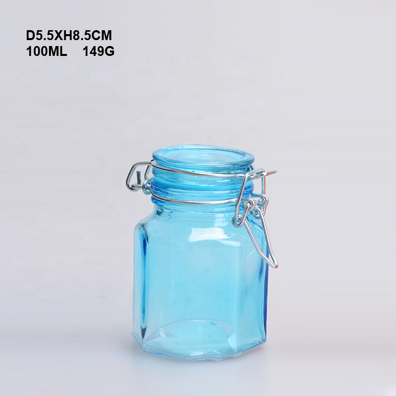 3oz Small Octagonal Colored Glass Spice Jar with Clamp