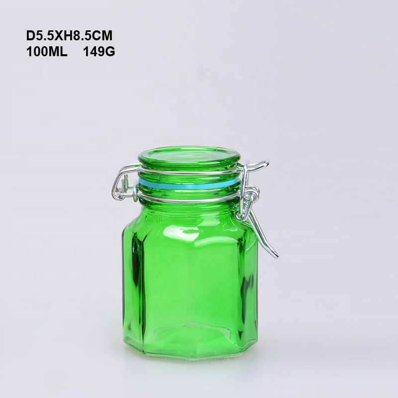 3oz Small Octagonal Colored Glass Spice Jar with Clamp
