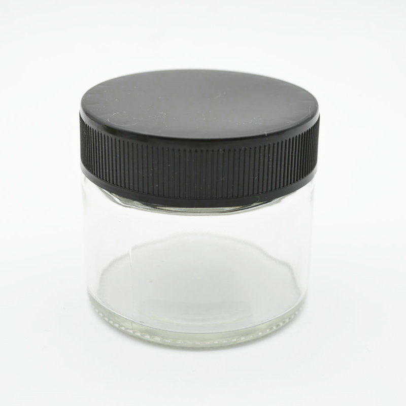 4.6oz  140ml  clear straight side glass jar with black childproof  lid