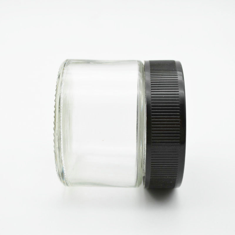 4.6oz 140ml clear straight side glass jar with black childproof lid