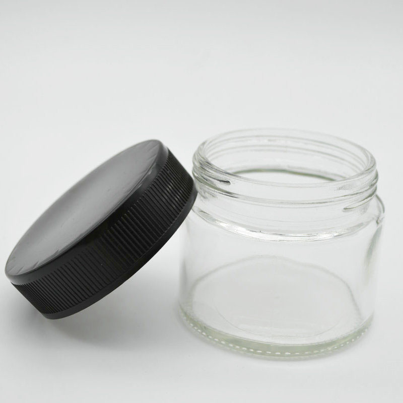 4.6oz 140ml clear straight side glass jar with black childproof lid