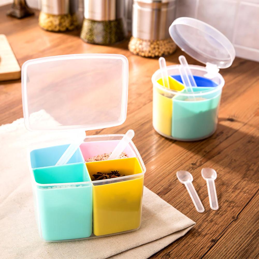 4 in 1 Plastic Spice Jar with Spoon Seasoning Box Can Salt Pepper Spice Container Organizer Kitchen Condiment Dispenser Box