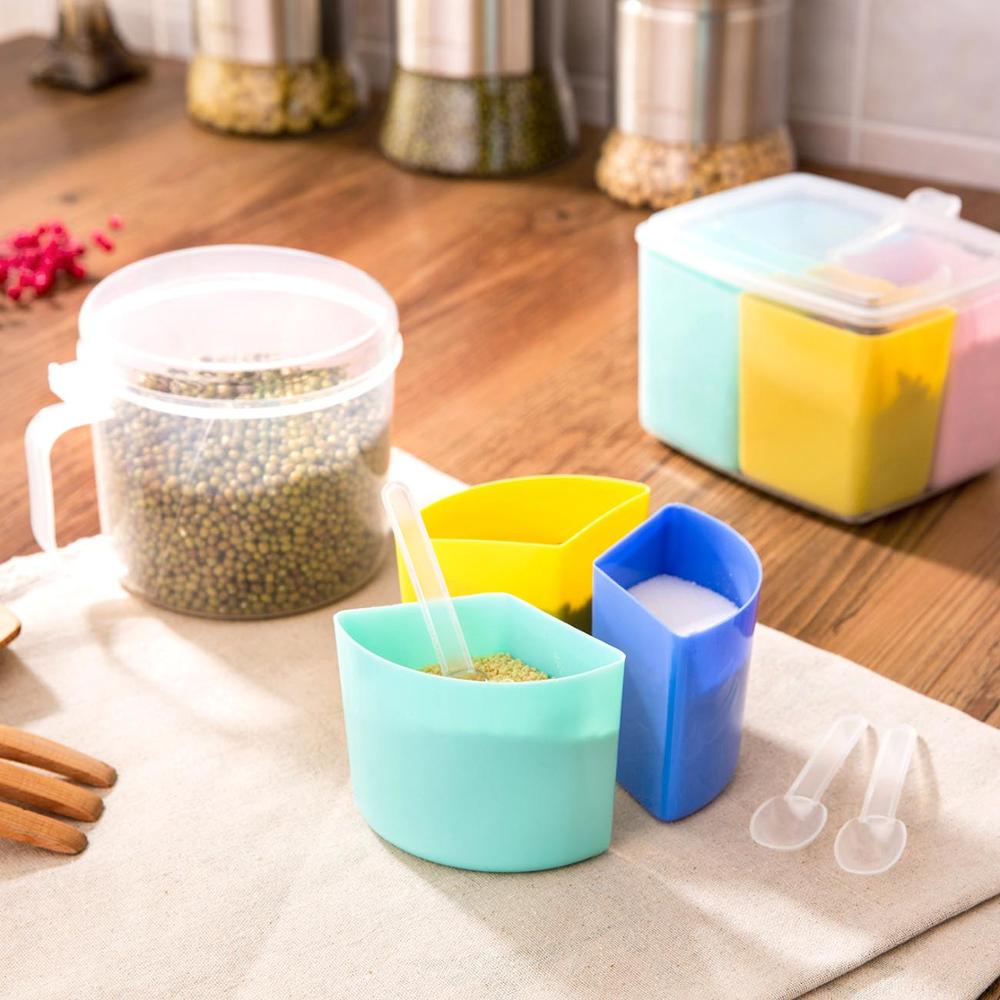 4 in 1 Plastic Spice Jar with Spoon Seasoning Box Can Salt Pepper Spice Container Organizer Kitchen Condiment Dispenser Box