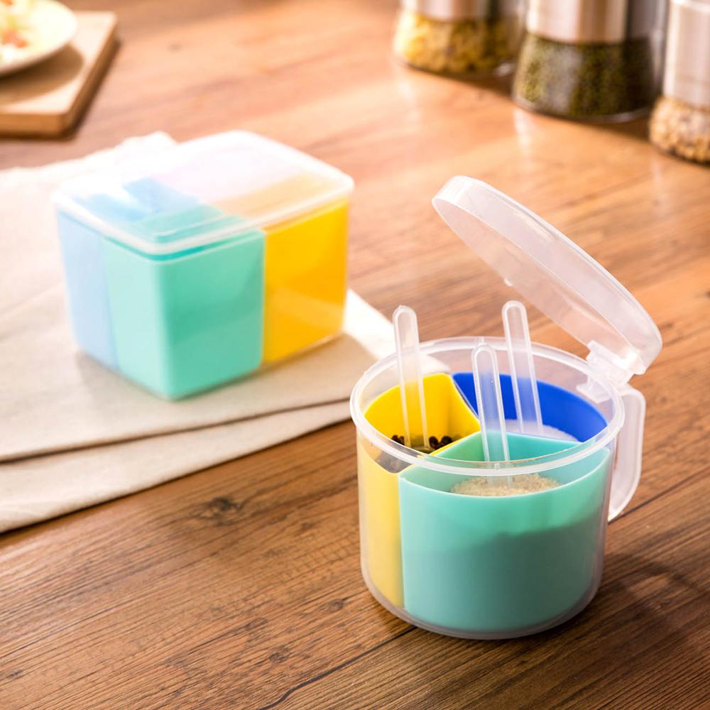 4 in 1 Plastic Spice Jar with Spoon Seasoning Box Can Salt Pepper Spice Container Organizer Kitchen Condiment Dispenser Box