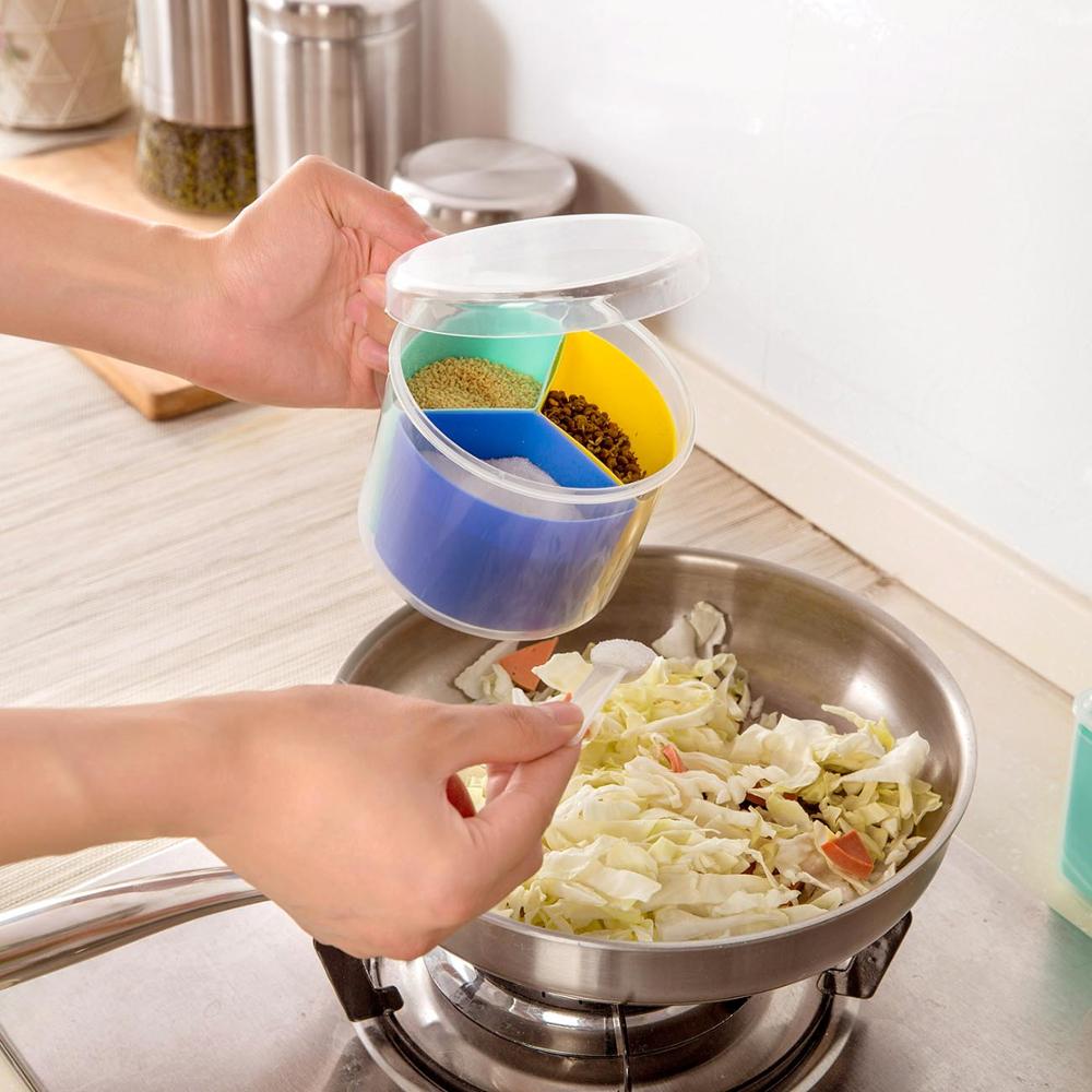 4 in 1 Plastic Spice Jar with Spoon Seasoning Box Can Salt Pepper Spice Container Organizer Kitchen Condiment Dispenser Box
