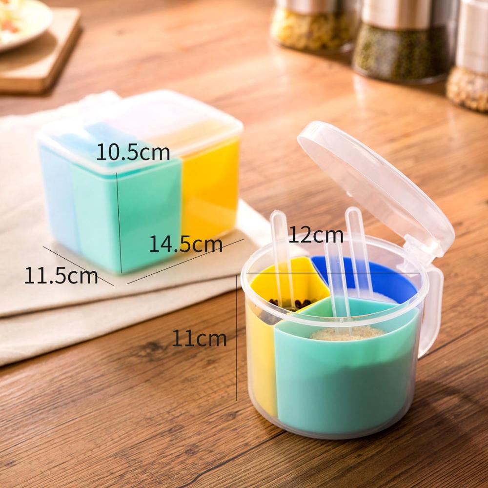 4 in 1 Plastic Spice Jar with Spoon Seasoning Box Can Salt Pepper Spice Container Organizer Kitchen Condiment Dispenser Box