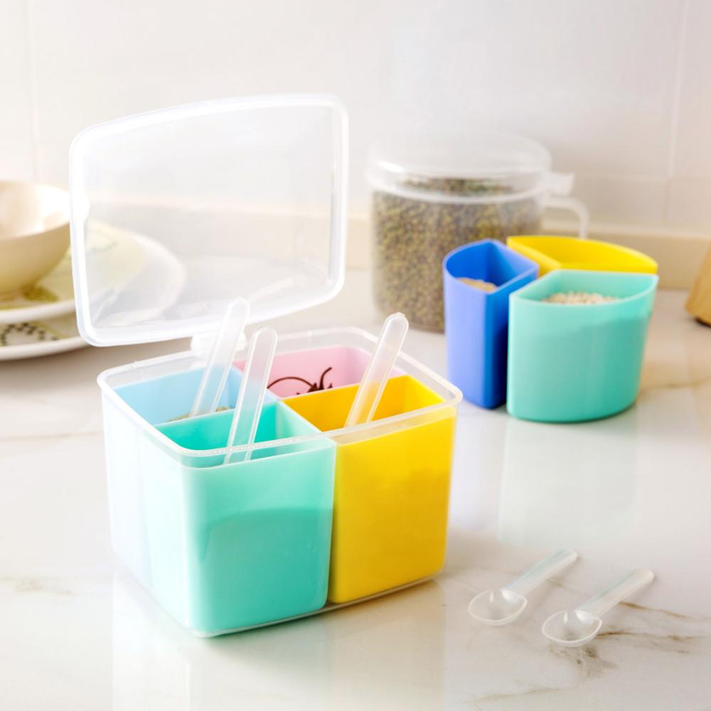 4 in 1 Plastic Spice Jar with Spoon Seasoning Box Can Salt Pepper Spice Container Organizer Kitchen Condiment Dispenser Box