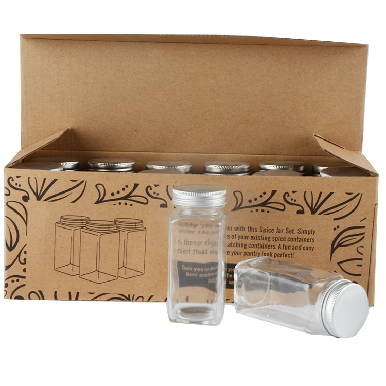 4 oz/ 6 OZ Square Glass Jars With Aluminum Lids For Storing Spices