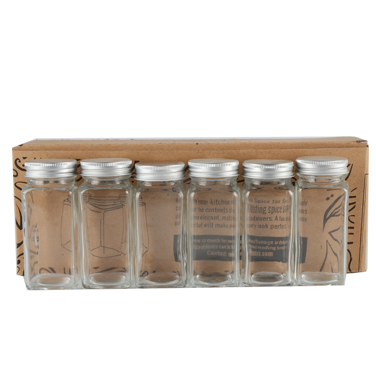 4 oz/ 6 OZ Square Glass Jars With Aluminum Lids For Storing Spices