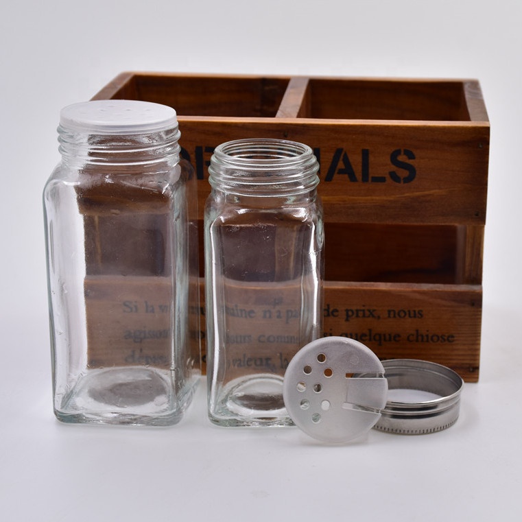 4 oz 6 oz 120ml 180ml clear square glass spice jars glass bottles for herb seasoning storage with shaker tops silver metal lids