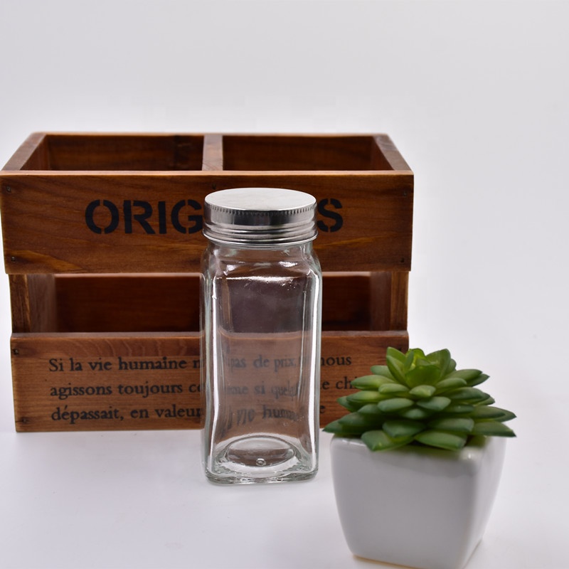 4 oz 6 oz 120ml 180ml clear square glass spice jars glass bottles for herb seasoning storage with shaker tops silver metal lids
