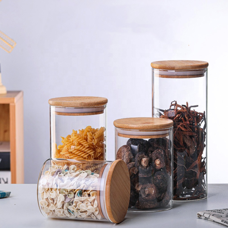 4 oz 6 oz 8 oz Clear High Cylinder Airtight Candy Food Storage Borosilicate Glass Candle Jars With wooden Top Lid