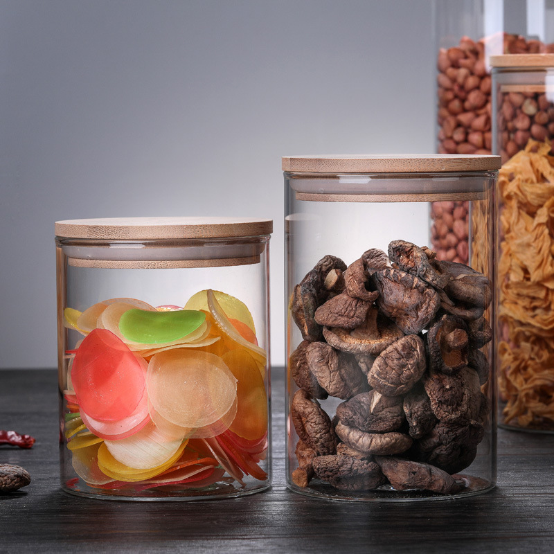 4 oz 6 oz 8 oz Clear High Cylinder Airtight Candy Food Storage Borosilicate Glass Candle Jars With wooden Top Lid