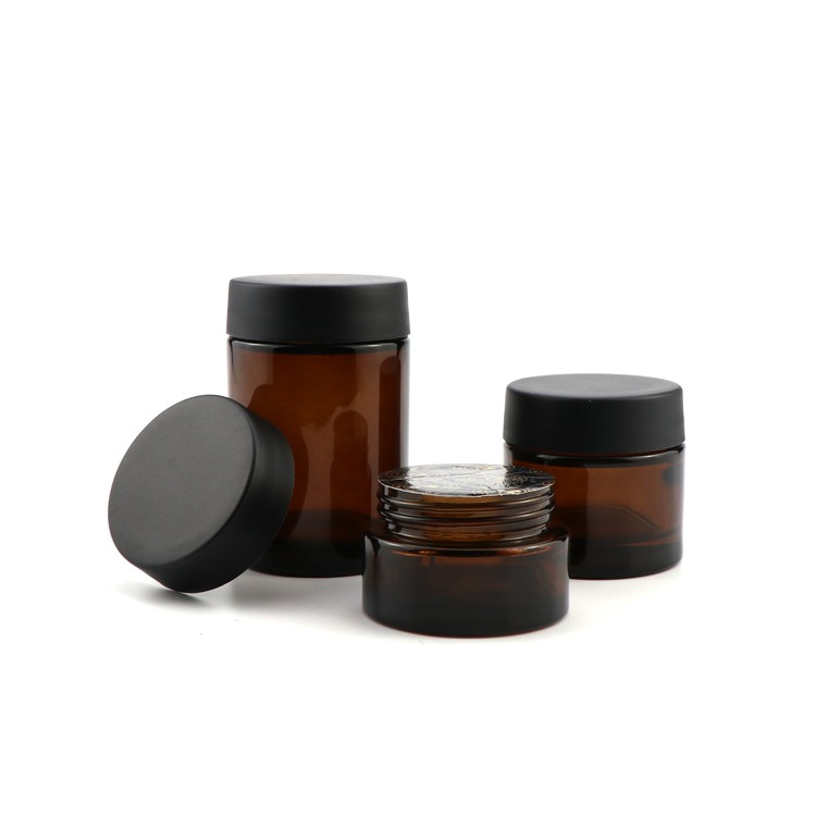 4 oz Amber jar black plastic top child resistant frosted glass jar 60ml cbd flower jar childproof