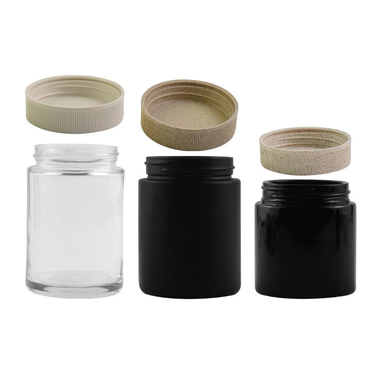 4 oz Clear GLASS Jar Straight Sided with wooden bamboo children proof lid, jar for CBD 4oz jar with lid